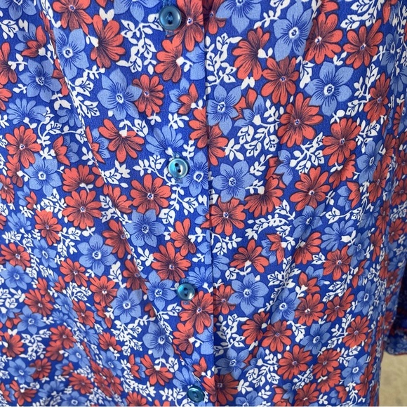 Vintage Ms Bond blue red floral blouse ties at neck women’s XL button up - Picture 6 of 8